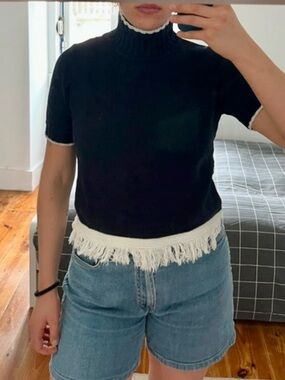 Navy Dark Blue Fringe-Hem Short-Sleeve Turtleneck Sweater with Fringe Bottom